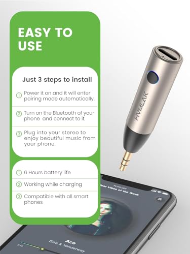 HVMLAK Aux Bluetooth 5.4 Adapter, Wireless Audio Receiver for Car Home Stereo Speaker, Music Streaming, Handsfree Calls, 6 Hours Playback, 1 Piece - color: Silver