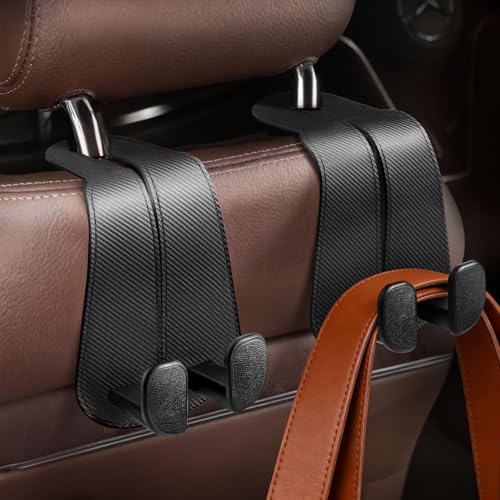 CoBak Extra Wide Car Seat Back Hooks, Premium Stitched Leather Headrest Hangers with Wide Slot Structure, Universal for Any-Width Purses, Handbags, Bags (2 Pack), Carbon Fiber Black - color: A-Wide Version - Carbon Fiber Black, size: Double-Hooks