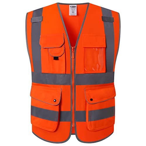 JKSafety 9 Pockets Class 2 High Visibility Zipper Front Safety Vest With Reflective Strips, Meets ANSI/ISEA Standards (150-Orange M) - color: Orange, size: Medium
