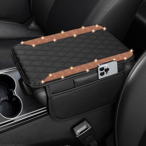 NBTEPEM Bling Car Center Console Armrest Cover, Microfiber Leather and Diamond Middle Console Cover with 2 Storage Bags, Bling Accessories Interior for Most Vehicles (Orange Diamond) - color: OrangeDiamond
