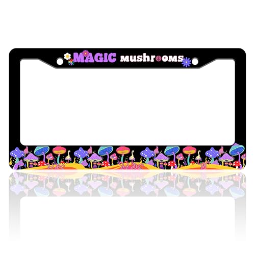 Magic Mushrooms License Plate Frame Colorful Dream Stainless Steel License Plate Holder for Front or Rear Car Tags Funny for Car Decoration Accessories with Screws 6.3 X 12.2 in for Women Men - color: Magic Mushrooms