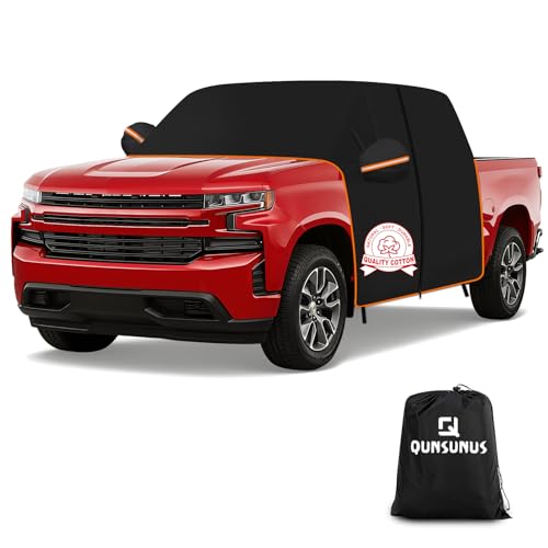 QUNSUNUS Silverado 1500 Cab Cover Regular/Extended/Crew Cab All Years Compatible with Sierra 1500,Waterproof Silverado Truck Cover with Cotton Liner, Half Car Cover with Adjustable Straps and Zipper - size: for Silverado&Sierra 1500 Cab Cover