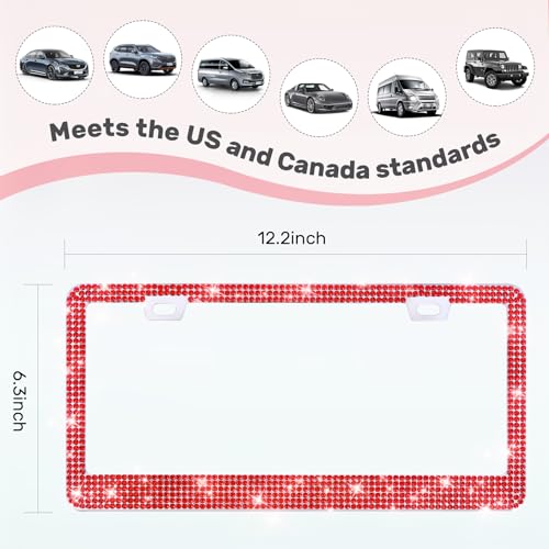 QUANQIUFEI 2 Pack Bling License Plate Frames, Sparkly Rhinestone Diamond Car License Plate Cover for Women, Stainless Steel Car Accessories with Glitter Crystal Caps (Light Siam) - color: Light Siam