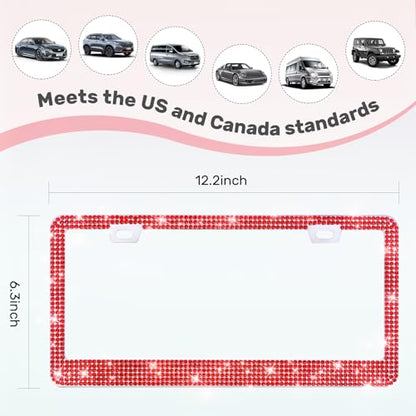 QUANQIUFEI 2 Pack Bling License Plate Frames, Sparkly Rhinestone Diamond Car License Plate Cover for Women, Stainless Steel Car Accessories with Glitter Crystal Caps (Light Siam) - color: Light Siam
