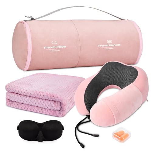 urnexttour Travel Pillow and Blanket Set Neck Pillows Soft Blankets with Sleep Mask Travel Essentials for Airplane Car Memory Foam Pink - color: B-pink