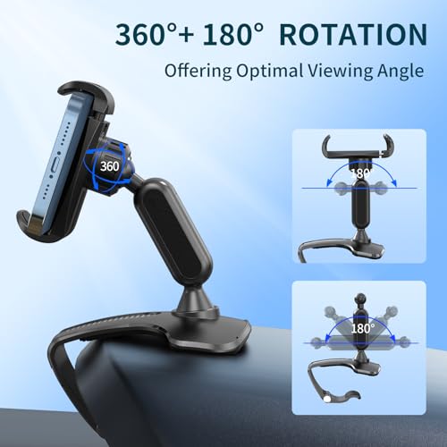 Multifunctional Car Dashboard Mobile Phone Holder, 360 Degree Rotation Universal Dash Clip Cellphone Mount for 4-7 inch Smartphones (Black)