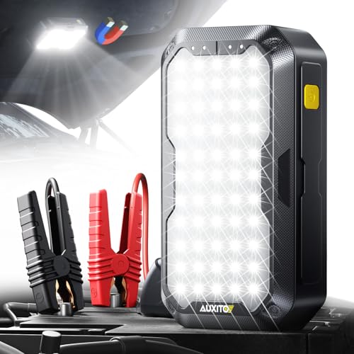 AUXITO Jump Starter, 5000A Car Battery Jump Starter, Up to 8.5L Gas and 8.0L Diesel Engines with 2000LM LED Work Panel Light, 12V Safe Jump Box with Camping Light, Power Bank and Jumper Cable - size: 5000A