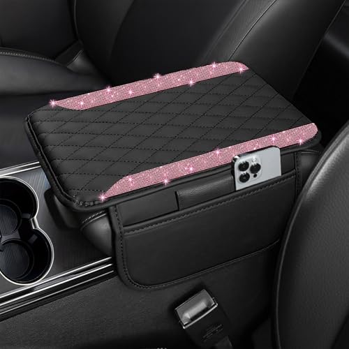 NBTEPEM Bling Car Center Console Armrest Cover, Microfiber Leather and Diamond Middle Console Cover with 2 Storage Bags, Bling Accessories Interior for Most Vehicles (Pink Diamond) - color: Pink Diamond