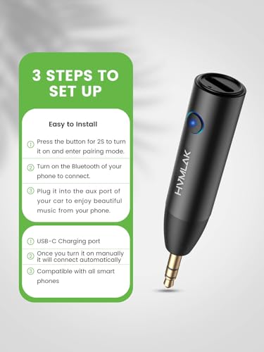 HVMLAK Bluetooth 5.4 Car Aux Adapter with Enhanced Microphone, 3.5mm Jack for Car Home Stereo, USB-C Charging, Sturdy Case, 1 Piece - color: Black