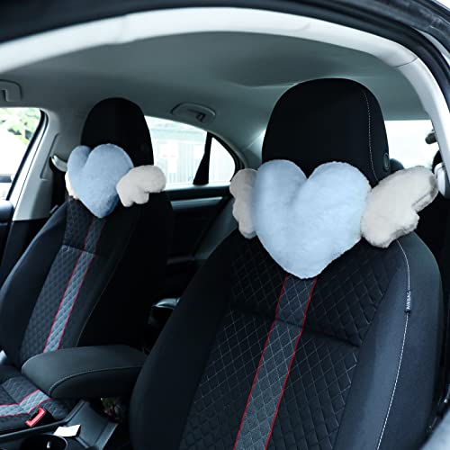 Macarrie 2 Pcs Plush Heart Shaped Pillow with Angel Wings Car Headrest Soft Comfortable Seat Pillow for Driving Travelling Room Office Car Decor, 19.7 x 8.3 Inch(Light Blue) - color: Light Blue