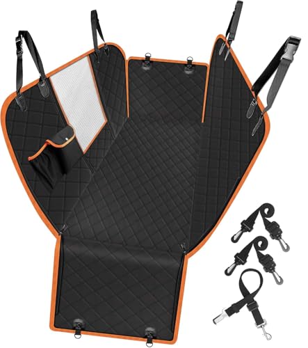Femuar Dog Car Seat Cover, Waterproof Nonslip Pet Seat Cover for Back Seat with Storage Pockets Mesh Visual Window, Heavy Duty Scratchproof Pet Dog Seat Cover Hammock for Cars Trucks and SUVs - color: Orange, size: Standards(54"W x58"L)
