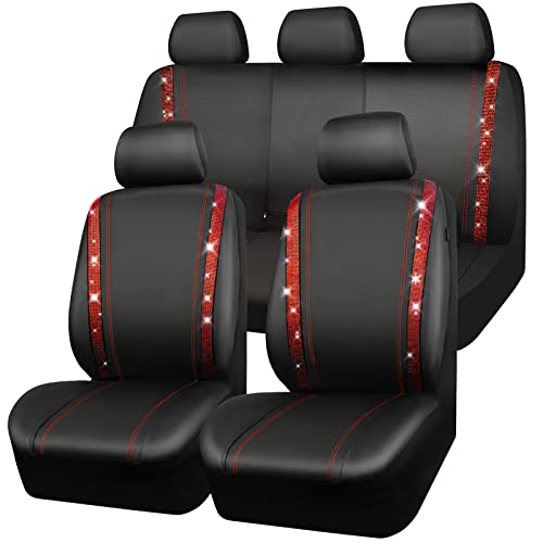 CAR Pass Bling Car Seat Covers Full Set, Shining Rhinestone Diamond Waterproof Faux Leather, Rear with Zipper, Universal Fit Automotive Glitter Crystal Sparkle Strips for Women Girl, Black Red - color: Red Diamond, size: Full Set