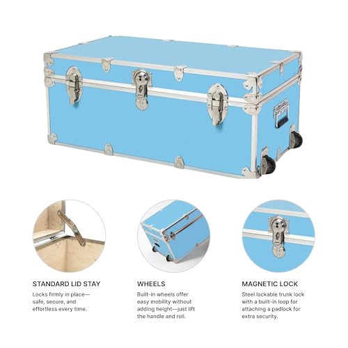 Rhino Trunk & Case Large Essential Trunk With Wheels 32”x18”x14”, 1000+ lbs Capacity - Many Colors. Strong, USA Made Summer Camp Footlocker, and Secure College Dorm Storage Chest - color: Sky Blue