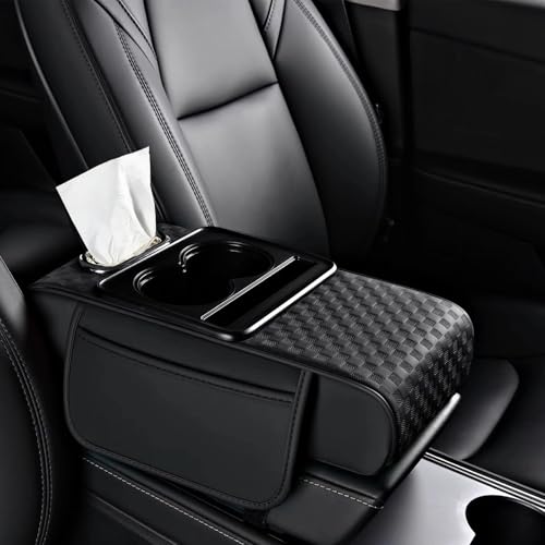 Center Console Cover,Car Armrest Cushion Multifunctional with 2 Storage Bags Cup Holder,Phone Slot,Tissue Box Slot for Most Cars Accessories Interior Organizers-Black 13.8x7.9 in - color: black