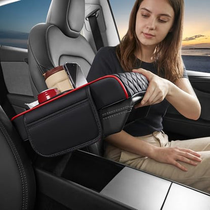 5 in 1 Car Center Console Cover, Armrest Pad with 2 Storage Pockets, Cup Holder, Tissue Box Slot, Phone Holder, Universal Car Interior Organizer (Black with Red Stitching) - color: Black with Red Stitching