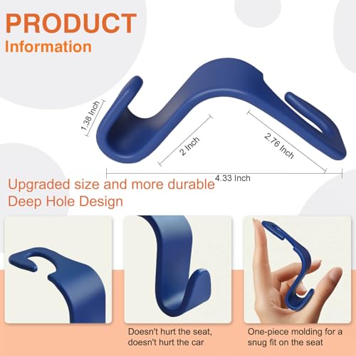 Car Seat Hooks & Purse Holder - 4 Pack Boxed,55 lb Heavy Duty,Eco PP Car Hooks for Purse/Bag/Baby Gear/Gym Bag/Groceries/Cup/,Fits 0.32-0.55”Car Headrest Rods (Dark Blue) - color: Dark Blue