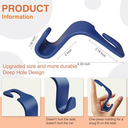 Car Seat Hooks & Purse Holder - 4 Pack Boxed,55 lb Heavy Duty,Eco PP Car Hooks for Purse/Bag/Baby Gear/Gym Bag/Groceries/Cup/,Fits 0.32-0.55”Car Headrest Rods (Dark Blue) - color: Dark Blue
