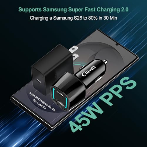 45W Super Fast USB C Car Charger and Wall Charger Block for Samsung S26/S25 Ultra/Plus/S24/S23/S22/Note 20/W25, iPhone 17 Pro Max, Galaxy Tab S10+/S9 PPS Type C Fast Charging with 2 Pack 6.6ft Cable