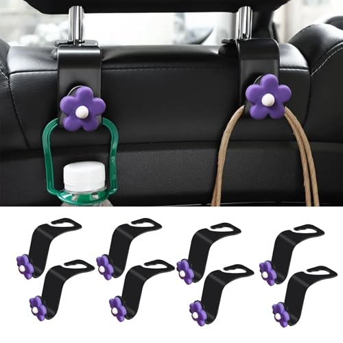 Car Headrest Hooks, Cute Flower Vehicle Seat Organizer Hooks for Purses and Bags, Portable Automotive Purse Hanger Holder Decoration, Universal Car Accessories for SUV, Sedan, Truck (Purple) - color: Purple