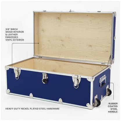 Rhino Trunk & Case Large Essential Trunk With Wheels 32”x18”x14”, 1000+ lbs Capacity - Many Colors. Strong, USA Made Summer Camp Footlocker, and Secure College Dorm Storage Chest - color: Royal Blue