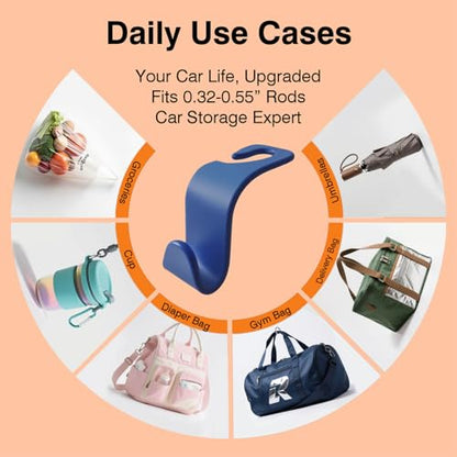 Car Seat Hooks & Purse Holder - 4 Pack Boxed,55 lb Heavy Duty,Eco PP Car Hooks for Purse/Bag/Baby Gear/Gym Bag/Groceries/Cup/,Fits 0.32-0.55”Car Headrest Rods (Dark Blue) - color: Dark Blue