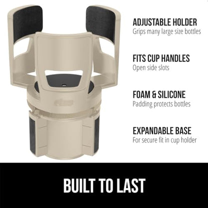 GORILLA GRIP Patent Pending Adjustable Car Cup Holder Expander, Keeps Water Bottle Secure, Expands to Fit 18 to 48 oz Large Bottles, Yeti, Owala, Stanley with Handle, Coffee Mug Insert for Cars, Tan - color: Tan