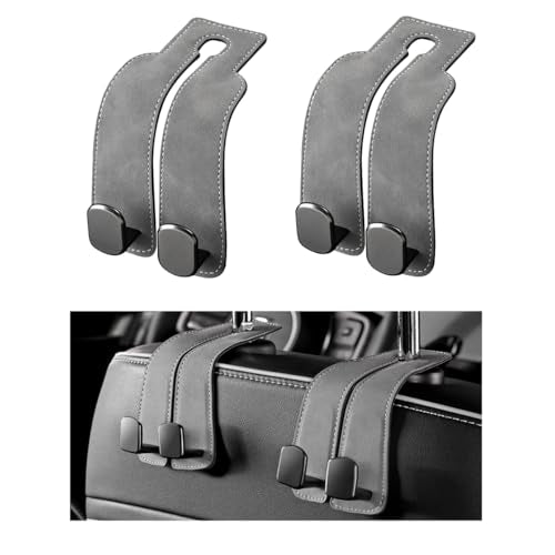 2 PCS Car Seat Headrest Hook, Back Seat Hanger with Double Flexible Leather Hooks, Soft Leather Double Headrest Metal Hooks Purse Handbag Organizer, Car Accessories (Gray) - color: Gray
