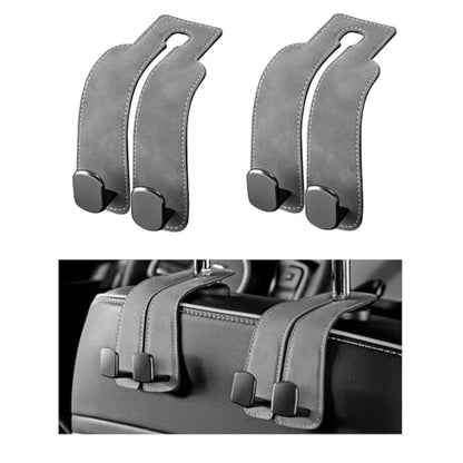 2 PCS Car Seat Headrest Hook, Back Seat Hanger with Double Flexible Leather Hooks, Soft Leather Double Headrest Metal Hooks Purse Handbag Organizer, Car Accessories (Gray) - color: Gray