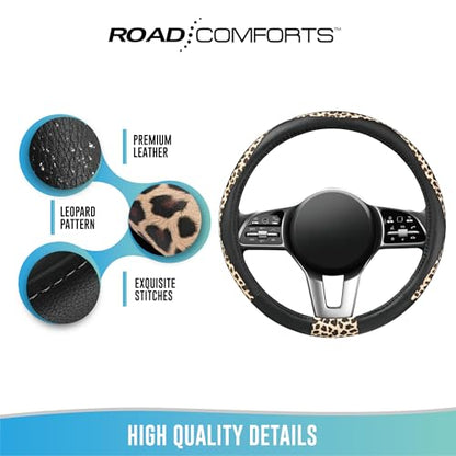 Road Comforts Steering Wheel Cover - Made with PVC Leather and Leopard Fabric - Universal 14 1/2 inches to 15 inches for Most Automotive Steering Wheel - Cheetah Print - Black - color: Round-Black