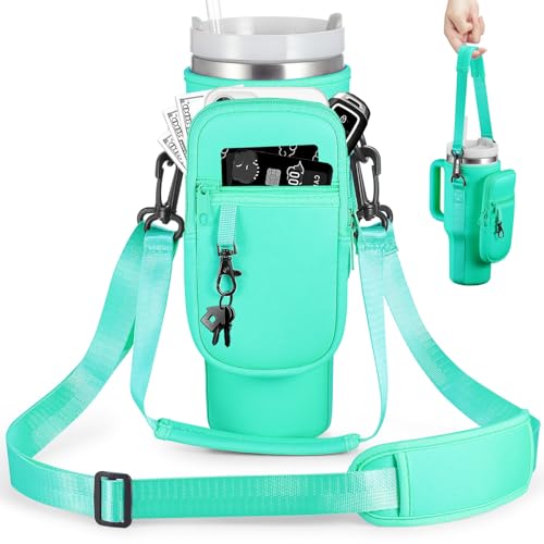 BULKITEM Water Bottle Carrier Bag with Phone Pocket for Stanley 40 & 30 oz Tumbler with Handle,Pink Insulated Neoprene Cup Holder Pouch w/Adjustable Strap for Quencher H2.0 Stanley Cup Accessories - color: Green, size: 30oz