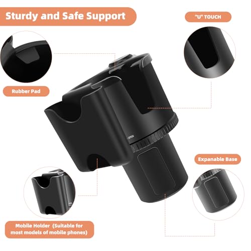 Car Cup Holder Expander with Phone Holder, 2 in 1 Big Cup Organizer with Adjustable Base, fits for Tumbler Cup 20-40oz Hydro Flask, Yeti, 3.4”-4.1” Cups