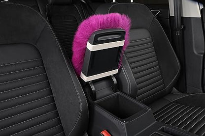 Genuine Sheepskin Center Console Cover Pad Genuine Furry Fluffy Wool Fur Car Armrest Cover Protector Universal Fit for SUV/Truck/Car - color: Long Wool-Purple Pink