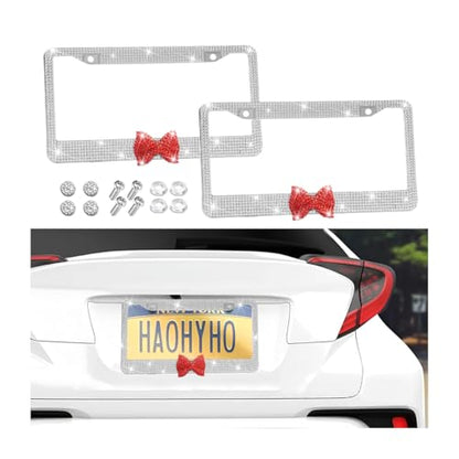 Bling Car License Plate Frame for Women, 2PCS Crystal Rhinestone Stainless Steel Vehicle Plate Holder, Glitter Diamond Sparkly Auto Plate Cover Accessories, Universal Fit (White/Red Bow) - color: White/Red Bow