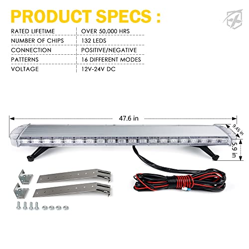 Xprite 48 Inch LED Rooftop Emergency Strobe Lights Bar w/Adjustable Mounting Brackets, Warning Flashing Police Lightbar for Security POV Law Enforcement Tow Trucks Volunteer Firefighter - Red Blue - color: Red Blue