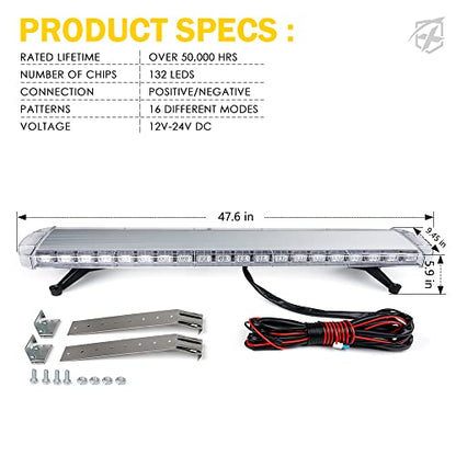 Xprite 48 Inch LED Rooftop Emergency Strobe Lights Bar w/Adjustable Mounting Brackets, Warning Flashing Police Lightbar for Security POV Law Enforcement Tow Trucks Volunteer Firefighter - Red Blue - color: Red Blue