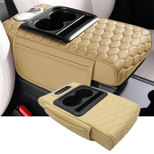 Priprilod Beige Car Center Console Armrest Pillow, Memory Foam with Cup Holder and Cell Phone Holder, Multifunctional Car Center Console Organizer, Universal Fit for Most Car Interior Accessories - color: Beige Tan