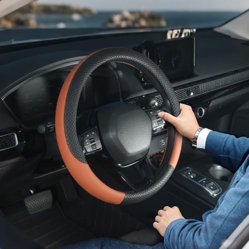 LABBYWAY Car Steering Wheel Cover, Leather, Universal 15 Inch Fit, Anti-Slip & Odor-Free,Brown - color: black&brown