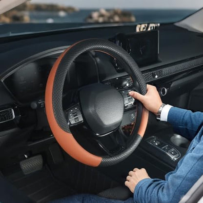 LABBYWAY Car Steering Wheel Cover, Leather, Universal 15 Inch Fit, Anti-Slip & Odor-Free,Brown - color: black&brown