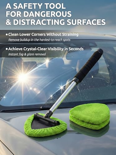 TAKAVU Car Window Cleaning Tool, Windshield Wiper Cleaner with Extendable Long-Reach Handle, 3 Washable Reusable Microfiber Bonnets, Car & Home Inside Interior Exterior Use - Lint Free (Green) - color: Black & Green