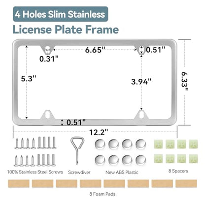 Ohuhu License Plate Frames, 2 Pcs 4 Holes Slim Stainless Steel Polish Mirror License Plate Frame + Chrome Screw Caps (Silver) - style: Silver - 4 Holes