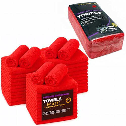 Red Microfiber Cleaning Towels, 3 Dozen Dual-Sided Cleaning Cloths Bulk Pack, Ultra Soft Plush Wash-Cloths, Micro-fiber Detailing Cleaning Cloths for Car, Household and Commercial (Red, 16" x 16") - color: Red, size: 16" x 16"