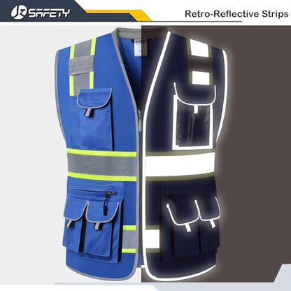 JKSafety 10 Pockets Hi-Vis Zipper Front Fluorescent Blue Safety Vest | Cushioned Collar | High Reflective Tapes with Extended Neon Yellow Strips | Meets ANSI/ISEA Standards (Large, 89-Blue) - color: Bluet1s1, size: Large