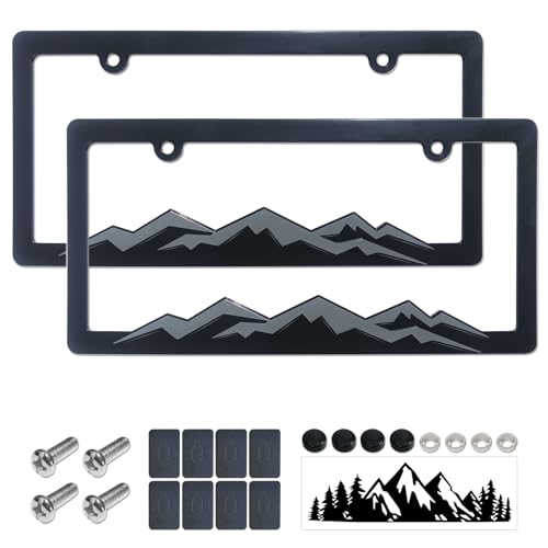 Mountain License Plate Frames- Gray on Black 3D Mountain Raised, ABS Plastic Car Tag Holder | Includes Rust-Proof Screws, Caps & Free Vinyl Decal Sticker - color: Gray