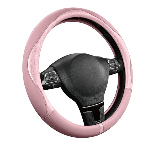 PIC AUTO Steering Wheel Cover, Pink Patterned Leather Patchwork Design, Universal Fit 14.5"–15.5", Anti-Slip, Odor-Free, Soft PU Grain Leather, Durable Grip Car Accessory for Girls & Women - color: Pink