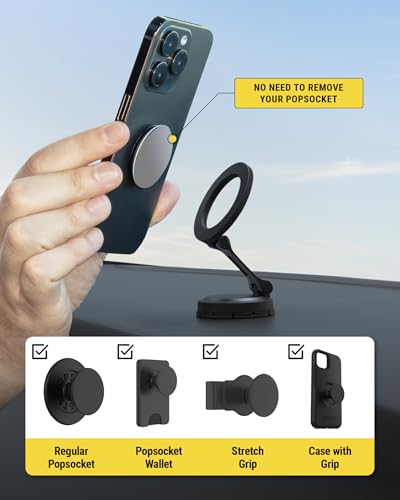 Scosche MagSafe Car Mount, Magnetic Phone Holder for Car Dashboard with Foldable Arm and 360° Swivel Adhesive Base, Secure Car Phone Mount for iPhone 17/16/15/14/13, Compatible with PopSockets