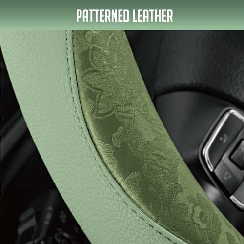 PIC AUTO Steering Wheel Cover, Green Patterned Leather Patchwork Design, Universal Fit 14.5"–15.5" D-Shape Steering Cover, Soft PU Grain Leather, Durable Grip Car Accessory for Girls & Women - color: Fits D-Shape Green
