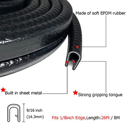 Rubber Edge Trim Black 26Feet, Fits 1/8” Edge, Flexible U Shape Seal Strip for Sharp/Rough Surfaces, Cars, Trucks, Boats - style: Fits 1/8" Edge