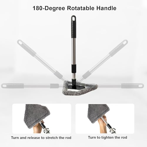 Conliwell Windshield Car Cleaning Tool, 13-16.7-inch Extendable Handle with 180-Degree Rotation and 4 Reusable Microfiber Cloth Heads, Suitable for Cleaning Car Windows Inside and Out (Black)