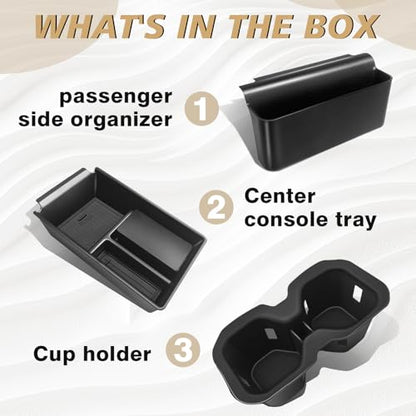 Muslogy Center Console Organizer & Cup Holder Insert 3PCS Set Compatible with 2025 2026 Nissan Kicks Armrest Box Divider Gear Shift Storage Pocket Drink Stopper (Console Tray& Side Pocket & CupHolder) - size: Console Tray & Side Pocket & CupHolder