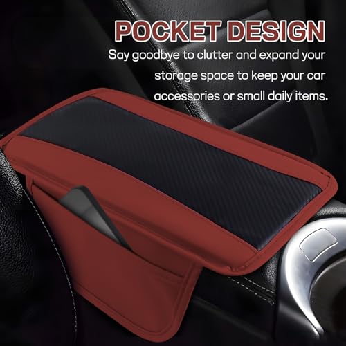 Car Center Console Cover, 12.48"×7.4" Carbon Fiber Leather Auto Armrest Cover, Vehicle Armrest Cushion Pad with Storage Pocket, Universal Arm Rest Protector Car Accessories (Red) - color: Red